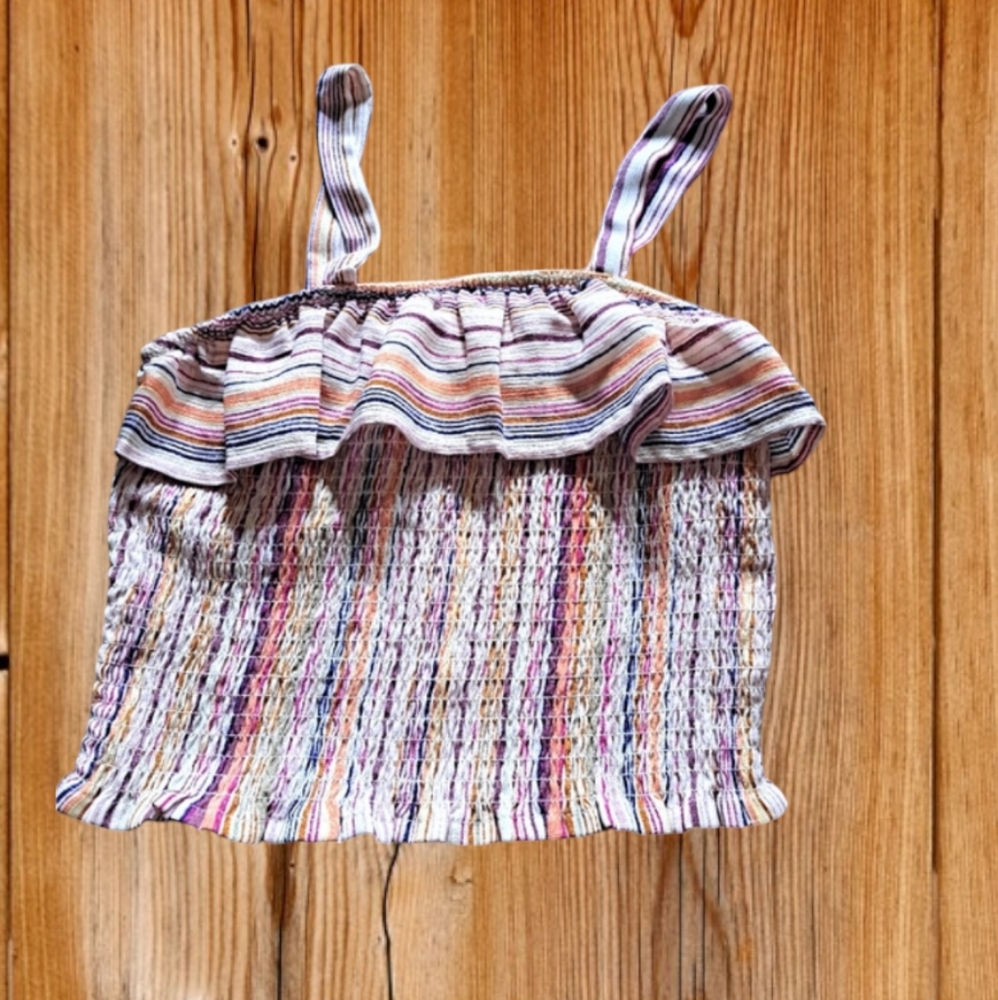 Live To Be Spoiled Smock Ruffle Multicolored Striped Crop Top Women's Small